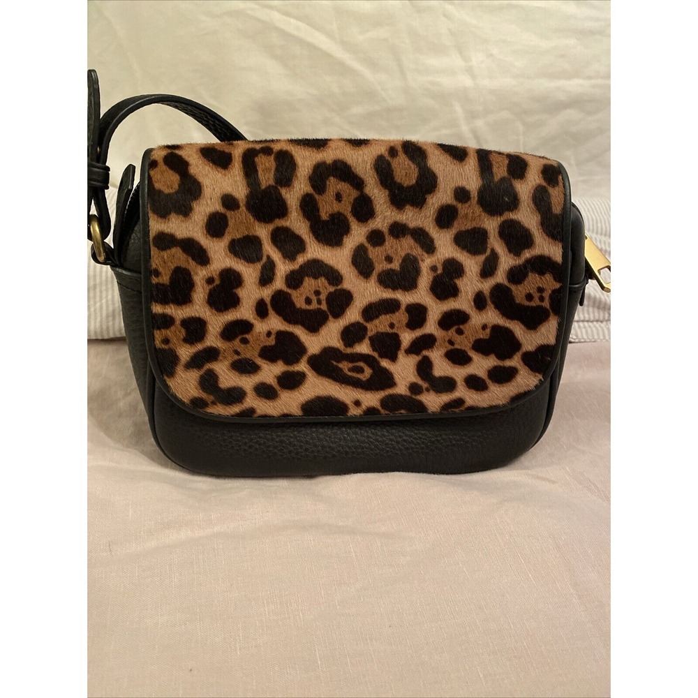 JCrew Collection Black Leathr‎ Leopard Calf Hair Signet Flap Crossbody Bag EUC